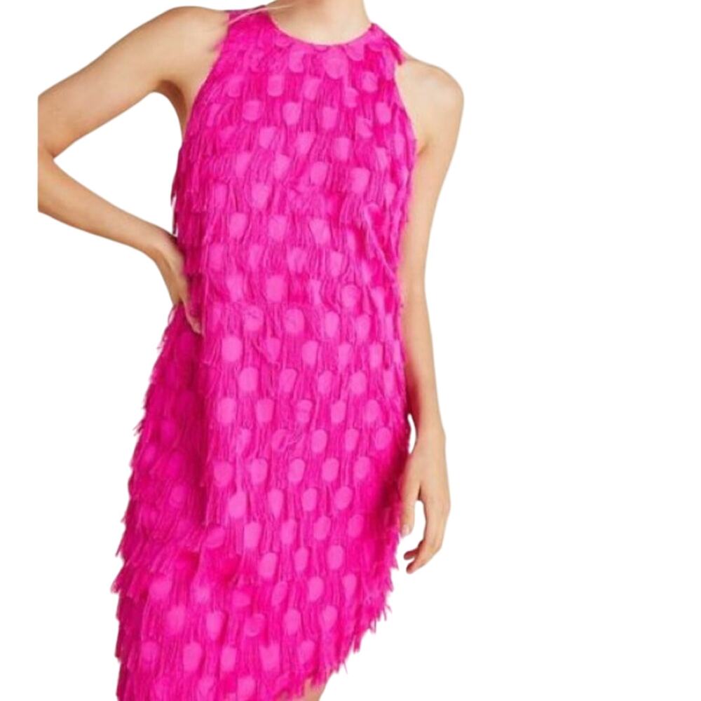 ANTHROPOLOGIE Roxie textured polka dot pink feathered fringe Dress